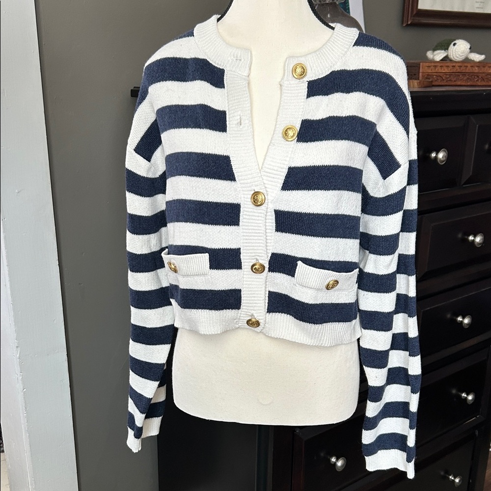 American Eagle Outfitters Navy and White Striped Cardigan